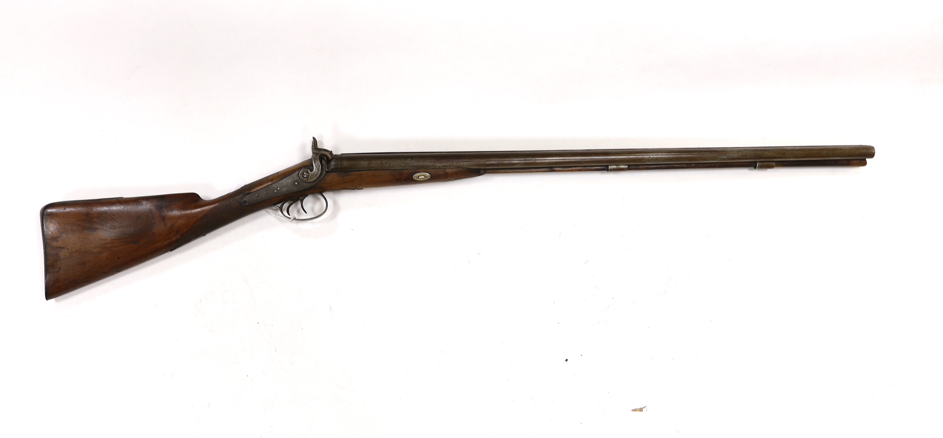 A 14 bore double-barrelled, side-by-side muzzle loading percussion shotgun, back action locks, circa 1850, barrel 77.5cm